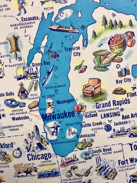Illustrated map of USA in French, World War II