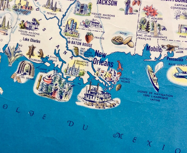 Illustrated map of USA in French, World War II