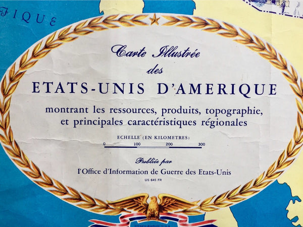 Illustrated map of USA in French, World War II