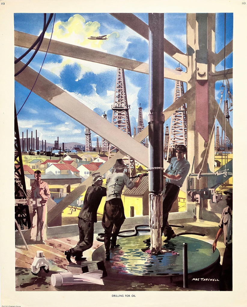 Drilling for Oil, Macmillan schools poster, 1950s
