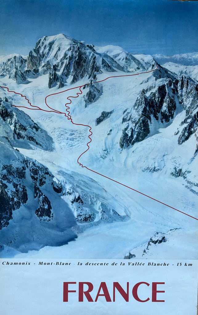 A scenic original poster showing a snowy mountain landscape with a red winding line tracing La Vallee Blanche run down  the slopes. Large red text at the bottom reads FRANCE, with smaller text along the bottom edge naming Chamonix, Mont-Blanc, and a descent route 15 km.
