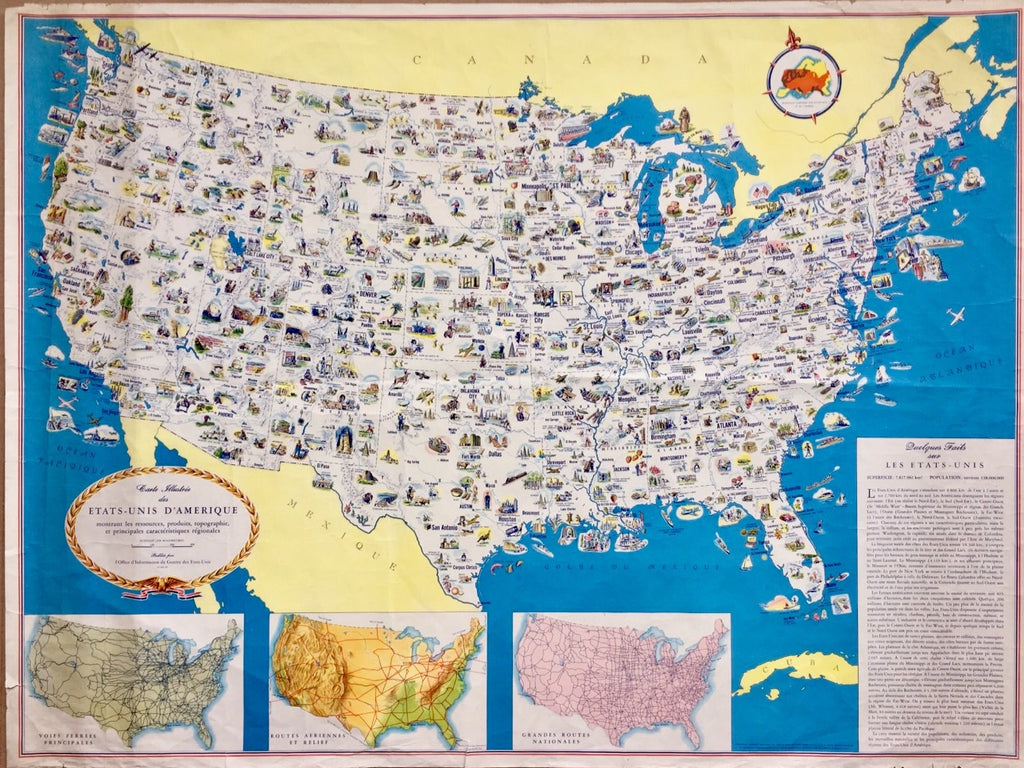Illustrated map of USA in French, World War II