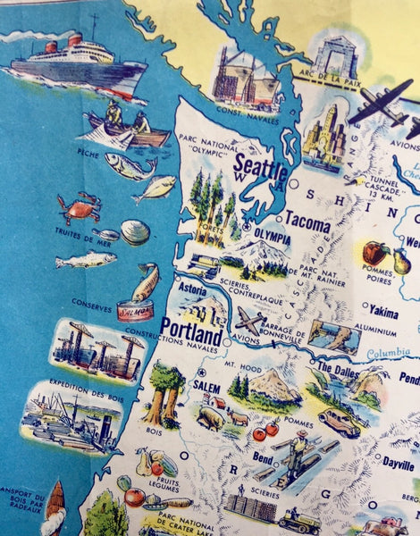 Illustrated map of USA in French, World War II