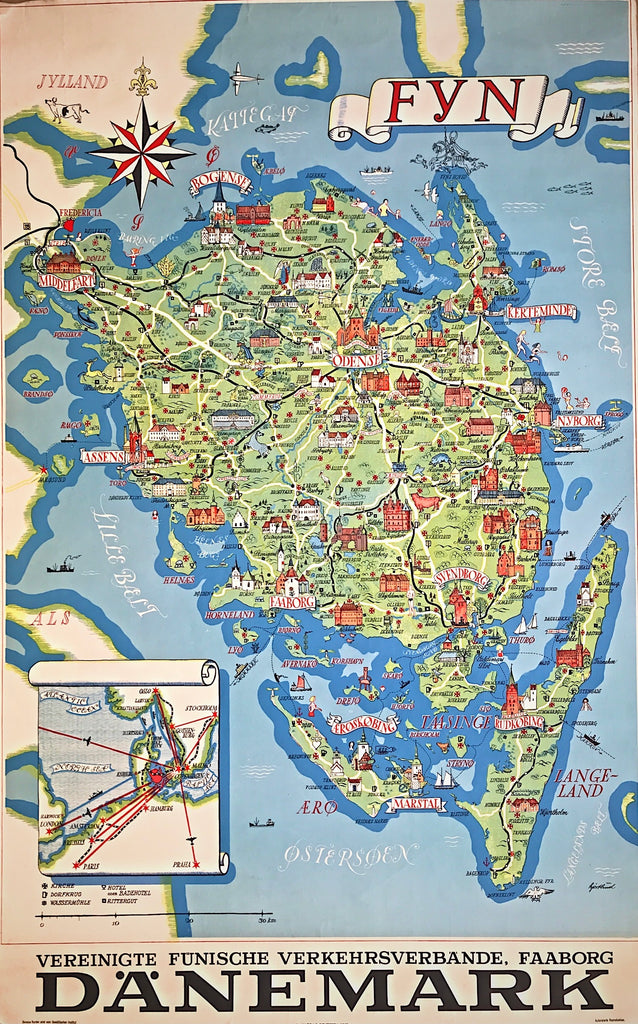 Fyn, Demmark, Illustrated Map, 1959